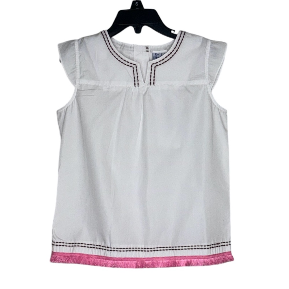 Orient Expressed Cotton Cap Sleeve Embroidered Fringed Button Back Top Size 7
